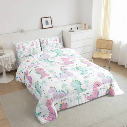 Miniatura 3 de Erosebridal Juego de edredón de dinosaurio, juegos de ropa de cama de dinosaurios rosa y morado para niñas, bonito edredón de animales lindos Multi