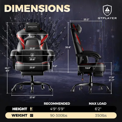 Miniatura 2 de GTPLAYER Silla de juegos grande y alta para adultos, silla de oficina ergonómica con reposapiés, capacidad resistente de 350 libras, respaldo alto