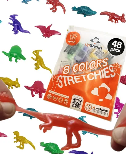 UpBrands Juego de 48 dinosaurios elásticos de 2 1/2 pulgadas, 8 colores de purpurina, kit para recuerdos de fiesta de cumpleaños para niños, bolsas