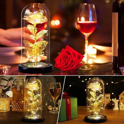 Miniatura 6 de Regalos de rosas de cumpleaños para mujeres y mamá, regalo de rosa de cristal blanco colorido Rainbow Rose in Glass Dome with Music Box, Light Up