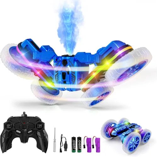Terucle - Automóvil a control remoto giratorio de 360°, vehículos RC 4WD con spray genial, camión de acrobacias RC de doble cara de 2.4Ghz para Azul