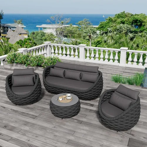 Miniatura 35 de Juego de muebles de patio de 4 piezas ensamblado, conjunto de sofá de conversación para exteriores de cuerda tejida a mano - Sofá de aluminio Cuerda