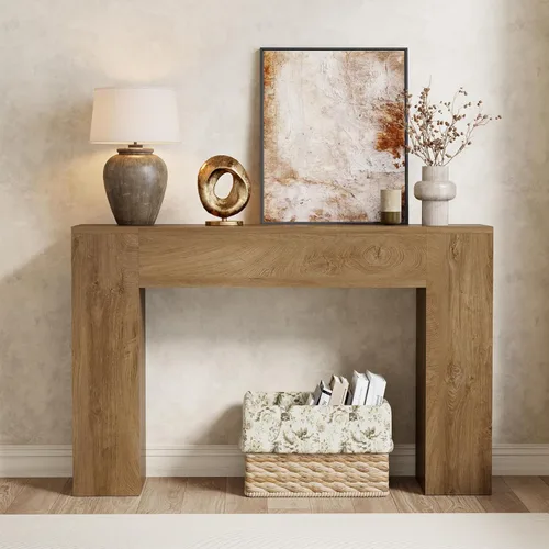 Mesa consola de madera para entrada, sala de estar, mesa de sofá moderna de 43 pulgadas, consola rectangular pequeña de granja con base doble de