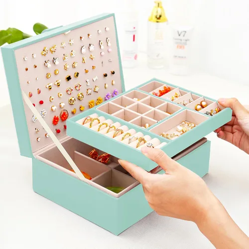 Miniatura 150 de Joyero de pendientes para mujeres y niñas, organizador de aretes de 5 capas, caja organizadora de joyas blanca con candado, collares y aretes