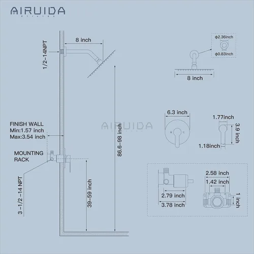 Miniatura 6 de Airuida Juego de grifo de ducha, cabezal de ducha de lluvia redondo de 8 pulgadas, kit de acabado de ducha SUS304 de acero inoxidable con mango