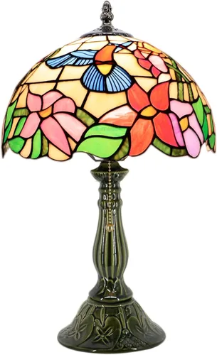 Miniatura 13 de Tiffany Lamp Stained Glass Table Lamps Sea Blue Peacock Tail Style Desk Lamp 12X12X18.5 Inch Bronze Ceramic Base Reading Light Suitable for Bedside