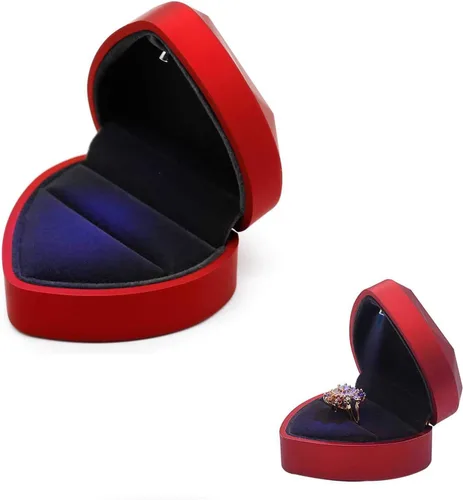 Caja de anillo, caja de joyería de terciopelo con forma de corazón con luz LED para compromiso de propuesta, color rojo