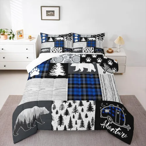 Miniatura 138 de Juego de edredón de cuernos de ciervo tamaño individual, juego de ropa de cama rústica de granja con huellas de oso y pinos para decoración