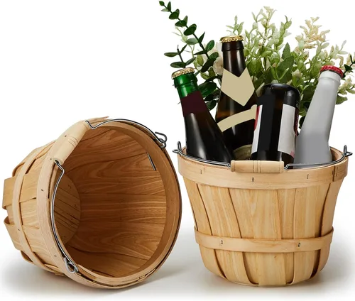 Miniatura 9 de Marsui 1 cesta redonda de madera para manzana, pequeño bushel con asas para regalos, cesta vacía, cubos de frutas para recoger fresas, flores