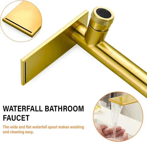 Miniatura 3 de Becola Grifo mezclador de lavabo alto tipo cascada de oro cepillado moderno con perillas ajustables y dos líneas de suministro