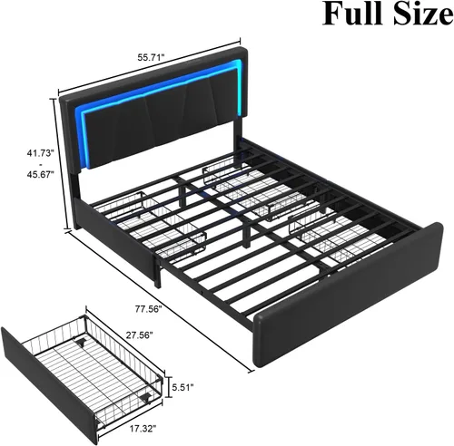Miniatura 2 de LoVinson Base de cama tamaño completo con 4 cajones de almacenamiento, camas de plataforma de metal con cabecera ajustable, estación de carga Negro
