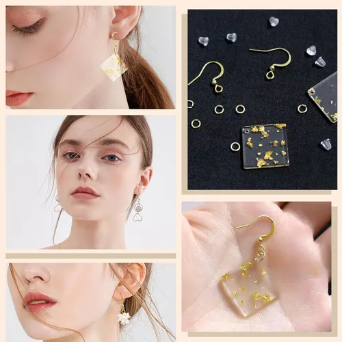 Miniatura 4 de 160 unidades/80 pares de ganchos para aretes chapados en oro de 14 quilates, hipoalergénicos, ganchos de pez con 100 piezas de silicona transparente