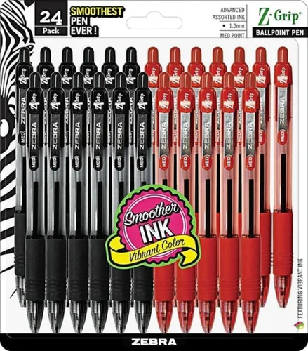 Zebra Pen Z-Grip - Bolígrafo retráctil, punta media de 0.039 pulgadas, 12 bolígrafos de tinta negra y 12 rojas, paquete a granel de 24