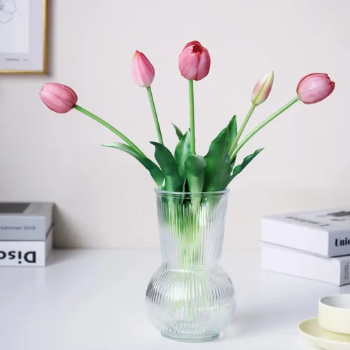 Tulipanes falsos de tacto real premium de 16 pulgadas, flores artificiales con brotes, tallo flexible fácil de moldear, tulipanes falsos (jarrón no