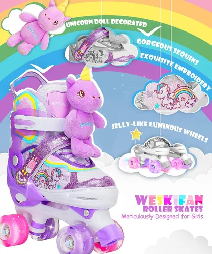 Miniatura 2 de Dino - Patines de ruedas para niños y niñas, WESKIFAN Dinosaur Quad Skating Shoes con ruedas brillantes y tamaños ajustables para principiantes