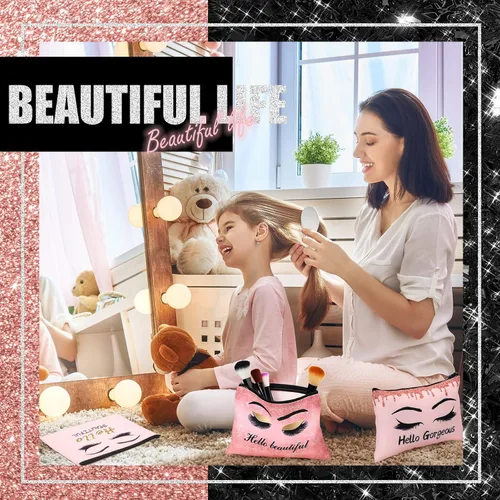 Miniatura 7 de Gerrii 6 bolsas de maquillaje Hello Gorgeous de lona rosa para pestañas, bolsa de cosméticos pequeña para pestañas, bolsa de viaje, regalo