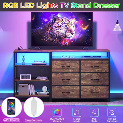 Miniatura 4 de BTHFST Soporte de TV para dormitorio con estación de carga y luces LED, centro de entretenimiento para TV de 60 pulgadas con 6 cajones de tela