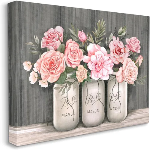 Miniatura 2 de Stupell Industries Ramos de rosas rosadas en flor, tarros rústicos de campo, diseñados por Ziwei Li, arte de pared en lienzo, color gris