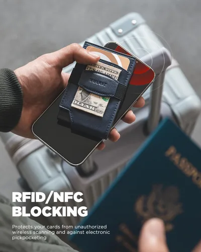 Miniatura 4 de VULKIT Billetera desplegable para tarjetas con correa de dinero, bolsillo frontal de cuero, con ventana de identificación, bloqueo RFID, funda