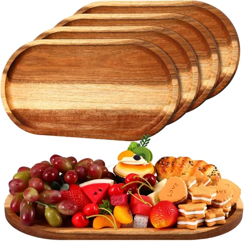 Tanlade 4 bandejas de madera de 16 x 10 pulgadas, bandejas ovaladas de madera rústica para manualidades, gran fuente decorativa de madera para té,