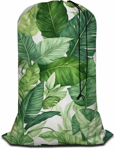 Swono Green Leaf - Bolsas de lavandería portátiles de gran capacidad con cordón para acuarela, sin costuras, exóticas, hojas tropicales, plantas,