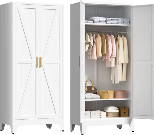 Miniatura 12 de LCAOPC Armario de metal de 71 pulgadas de alto con estantes ajustables y barra para colgar, 2 puertas, armario independiente para dormitorio, Negro