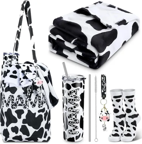 Yaomiao 5 piezas de set de regalos de vaca para mujeres y mamá, incluyendo vaso de acero inoxidable con patrón de vaca de 20 oz con tapa, popote y
