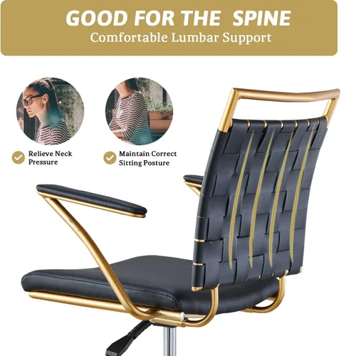 Miniatura 3 de Silla de oficina moderna de cuero, color dorado y negro, bonita silla de conferencias con respaldo medio con ruedas y brazos, cómoda silla giratoria