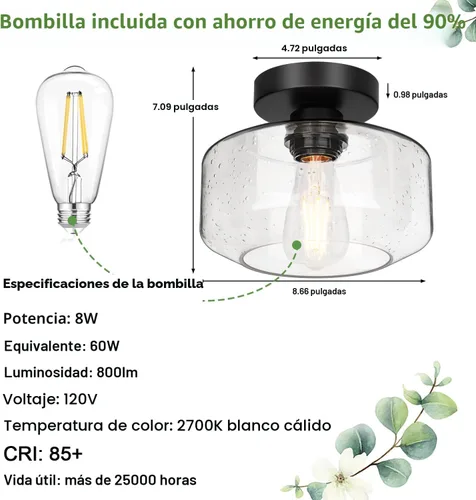 Miniatura 8 de Lámpara de techo industrial semiempotrada, bombilla LED de 800 lúmenes incluida, pantalla de vidrio texturizado, lámpara estilo granja para pasillo