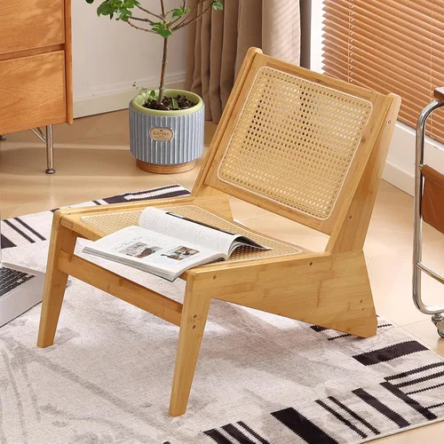 Miniatura 9 de Welnow Silla decorativa de ratán de mediados de siglo, silla de salón de madera de bambú con respaldo de caña tejida, sillón bajo para sala
