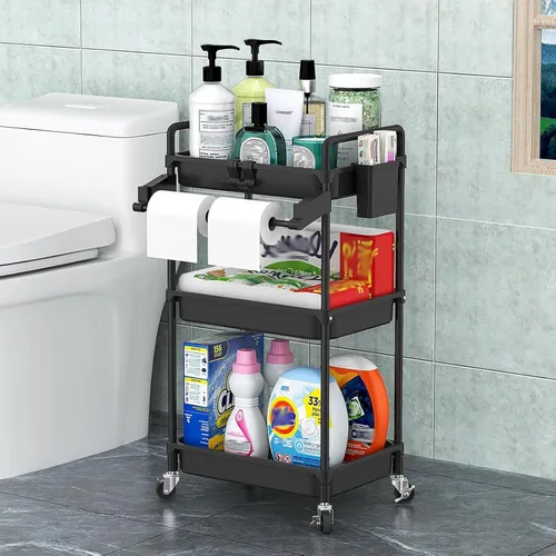 Miniatura 6 de SPACEKEEPER Carrito de almacenamiento rodante, carrito utilitario de 3 niveles, organización de cuarto de servicio, estantería móvil, organizador