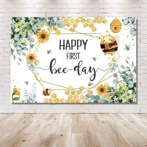 Miniatura 6 de MEHOFOND Telón de fondo para el primer día de las abejas con texto en inglés «Happy First Bee-Day» para fiesta de cumpleaños de niño y niña, panal