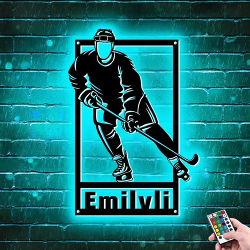 Miniatura 18 de Arte de pared de hockey con nombre y número personalizado, letrero de metal personalizado para jugador de hockey con luz LED, letrero de neón