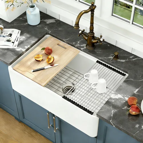 Miniatura 14 de Lordear Fregadero de Cocina Estilo Granja de 36 Pulgadas Blanco de Arcilla Refractaria Porcelana Cerámica Tazón Único Frente de Delantal Fregadero