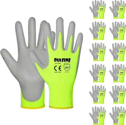 Miniatura 21 de DULFINE Guantes de trabajo de seguridad con revestimiento de poliuretano para hombres y mujeres - 12 pares, guante de punto sin costuras negro