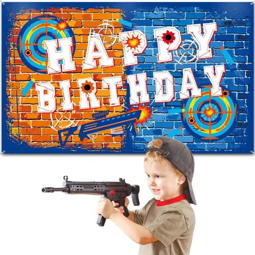 Miniatura 6 de Tatuo Fondo de pistola de feliz cumpleaños, decoración de fiesta, suministros de dardos, fondo de batalla, agua para decoración temática de fiesta