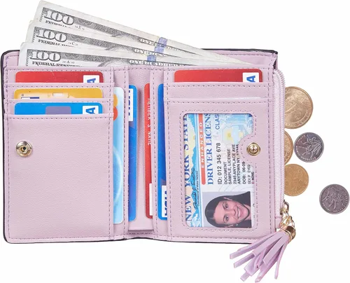 Miniatura 4 de Gostwo Mini cartera pequeña plegable para mujer con borla y bolsillo con cremallera para monedas, Purple With Key Chain