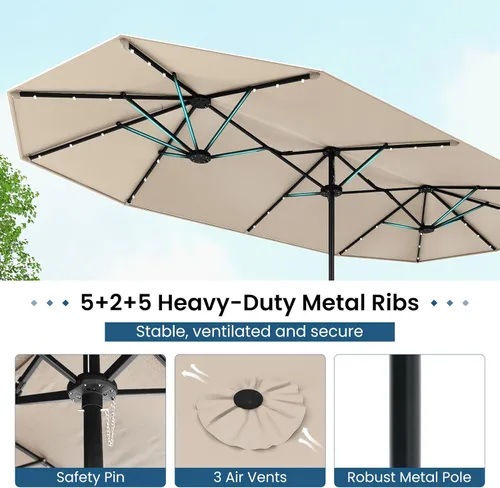 Miniatura 8 de Tangkula Sombrilla solar de doble cara de 13 pies para patio, sombrilla individual extragrande para exteriores con 36 luces LED, parte superior Beige