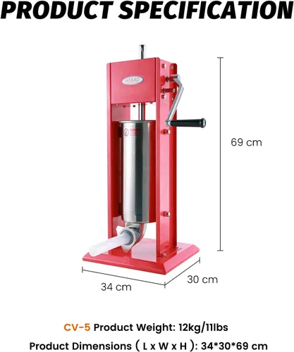 Miniatura 3 de Hakka - Embutidor de salchichas de 11 libras/5 L, dos velocidades de llenado de acero pintado en aerosol vertical 7-11 libras