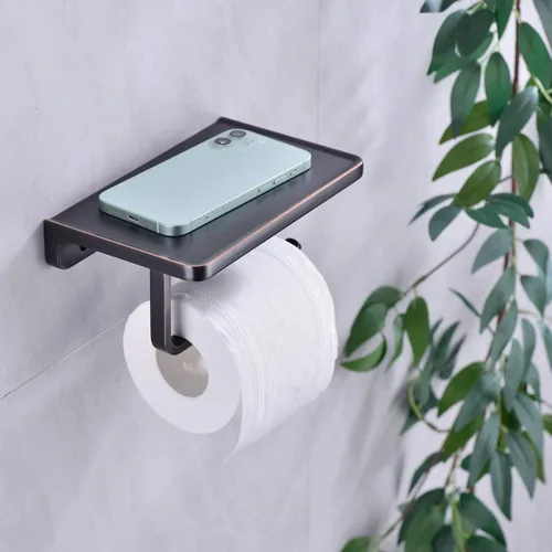Miniatura 2 de Portarrollos de papel higiénico con estante para teléfono ORB, dispensador de rollos de papel montado en la pared con almacenamiento, bronce frotado