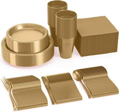 350 Piezas Platos de Plástico Dorados Para Fiestas, Juego de Platos Desechables Dorados, 50 de Cada Juego de Platos de Cena de 9", Plato de Postre