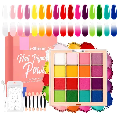 Miniatura 8 de Set de paleta de polvo de pigmento para uñas, 16 colores Ombre con 100 piezas de esponjas y pinzas, uñas francesas Aura Ombre, pincel de uñas