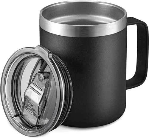 Miniatura 12 de Taza de café aislada de 12 onzas con asa, taza de café de viaje de acero inoxidable con tapa abatible, vaso de café de doble pared con aislamiento