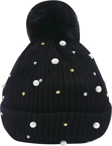 Miniatura 3 de Gorro de invierno holgado para mujer con bola de piel, gorro de perlas con perlas de otoño, gorro cálido y grueso, gorro de esquí con calavera