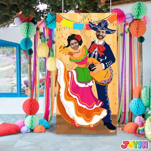 Miniatura 7 de JOYIN Cartel de puerta de fotos de pareja del Cinco de Mayo para suministros de fiesta, decoración de fondo de fotografía mexicana, fondo de cabina