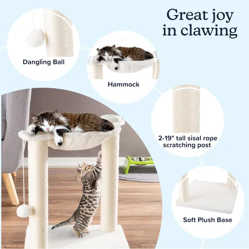 Miniatura 2 de PETMAKER - Poste rascador para gatos de 19 pulgadas con hamaca. Árbol pequeño de tela de sisal y alfombra, juguete de bola colgante para gatos Blanco