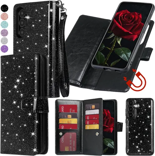 Varikke Funda tipo cartera desmontable para Galaxy S23 con tarjetero para mujer, correa de piel sintética con purpurina de moda, cartera magnética