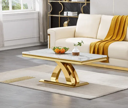 Miniatura 11 de SSLine Mesa de Centro Rectangular de Mármol Sintético para Sala de Estar, Mesa Central Moderna de Mármol Blanco de Lujo con Base Doble en Forma de U
