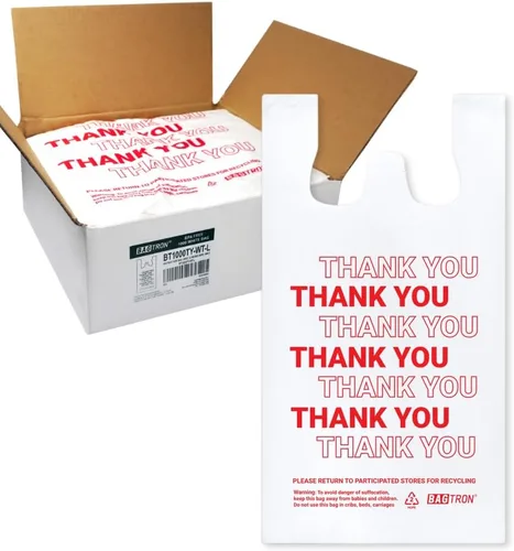 Miniatura 7 de Bolsas de transporte de camisetas de Bagtron con la frase "Thank You", bolsas de plástico desechables con asas para compras y restaurantes, 1/6