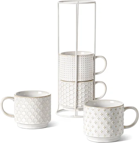 Miniatura 7 de LE TAUCI Juego de tazas de café apilables con soporte, tazas de espresso de cerámica para Au Lait, capuchino, café con leche, café, moca, té